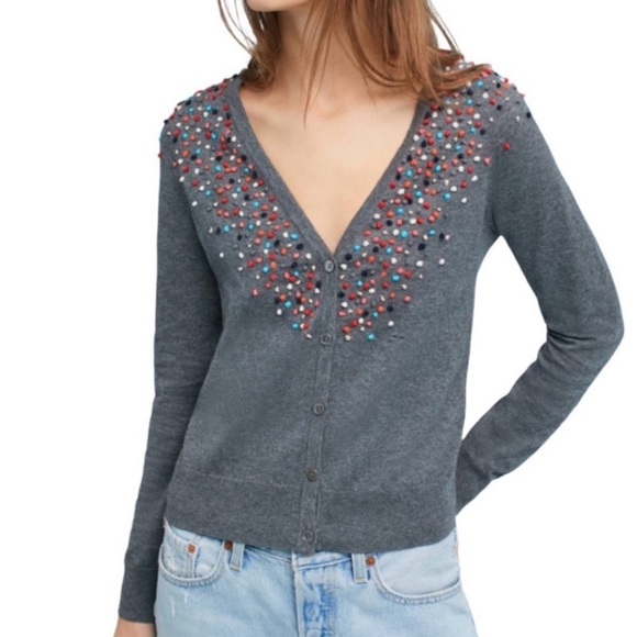 Anthropologie MOTH Gray Pom-Pom Cardigan Sweater Cotton Cashmere Blend Size M - Picture 3 of 11